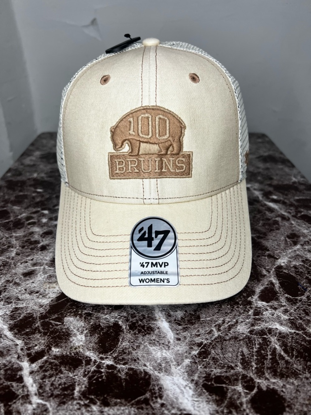 Boston Bruins New Era Tan and Black Mesh Trucker Hat